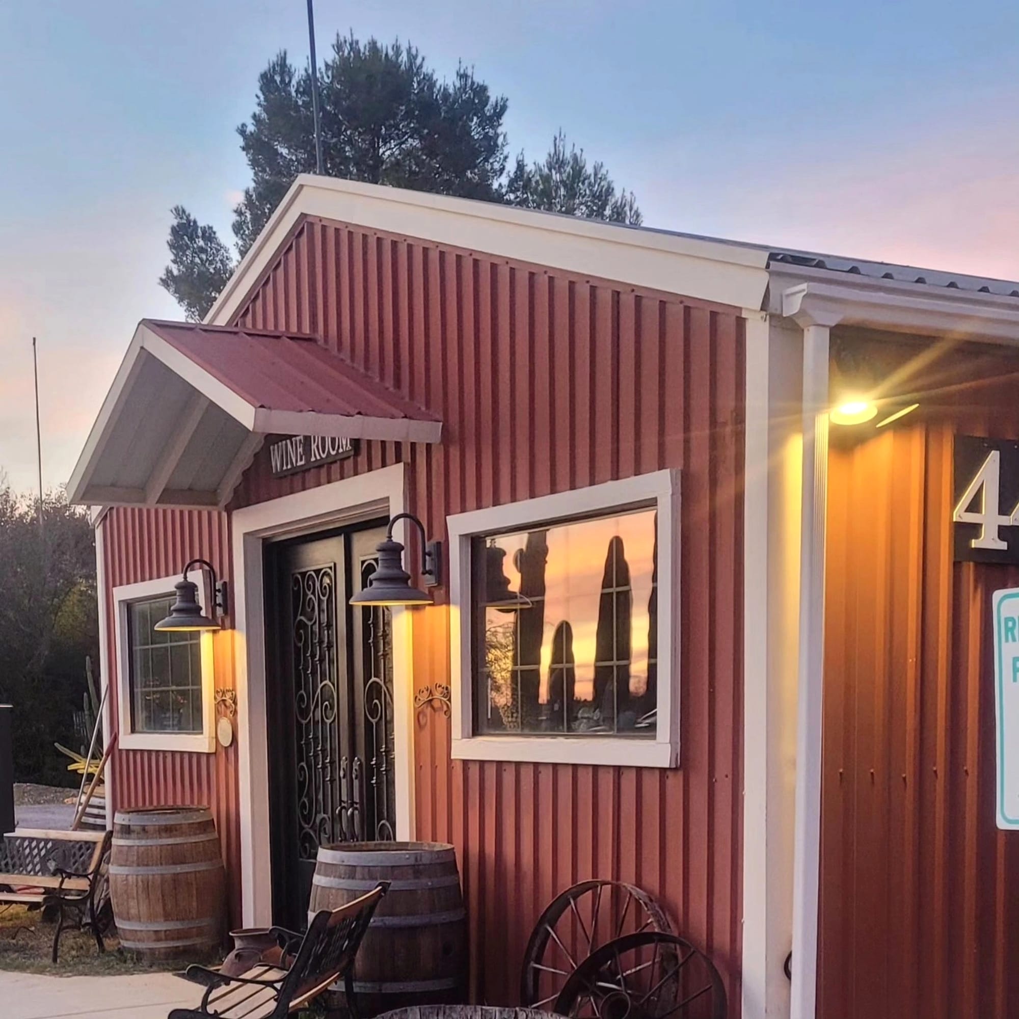 The Wine Bar lit at dusk.